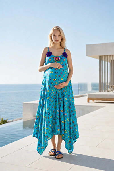 Park Moda Women's Handmade Embroidered Linen Maternity Dress Blue Bohemian St...
