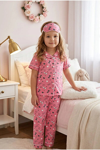 Burcumay Kız Çocuk Pembe Düğmeli Pijama Takımı Yazlık Pamuklu Kısa Kollu Uyku...