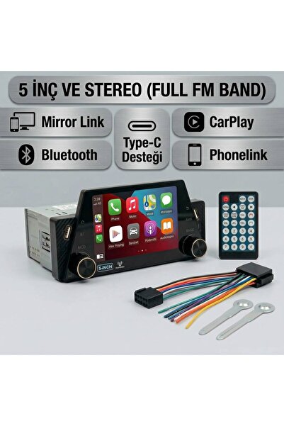 5 İnç Ekranlı 1 DIN Oto Teyp - CarPlay, MirrorLink, Bluetooth, Type-C Desteği & Uzaktan Kumandalı