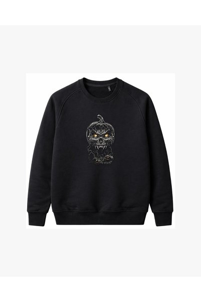 KEYFHOME Pumpkin Skull Horror Embroidered Crew Neck Sweatshirt Unisex