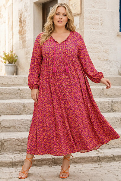 Park Moda Women's Plus Size Floral Print Viscose Dress Tassel Collar Summer Long