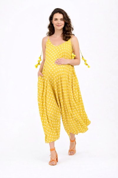 Park Moda Women's Polka Dot Piece Pompom Detailed Summer Cotton Piece Viscose Yellow Maternity Jumpsuit Dress