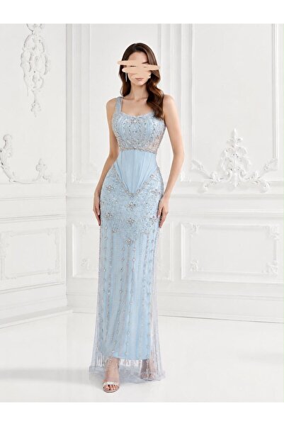ranin Sky Blue Dress with Straps and Beaded Embroidery on the Chest