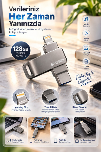 Global Döner Tasarımlı 128GB Lightning Type C USB Flash Bellek Telefon Tablet ve Bilgisayar Uyumlu