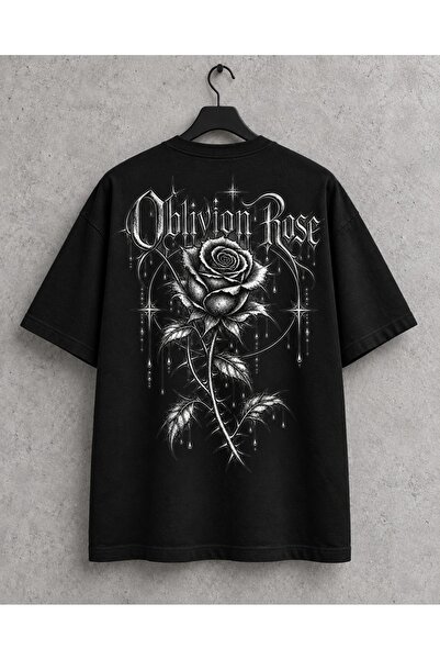 Oblivion Rose Baskılı Unisex Oversize Tişört Siyah