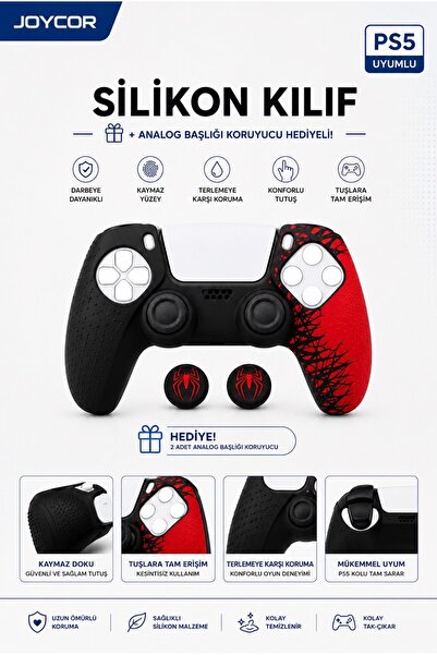 JOYCOR PS5 DualSense Gamepad Kılıf + 2’li Spider-Man Analog Başlığı Koruyucu Set