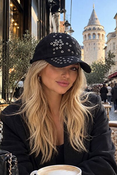 HAZAL KAYA ATELIER Black Eyelet Stone Cap Women's Hat