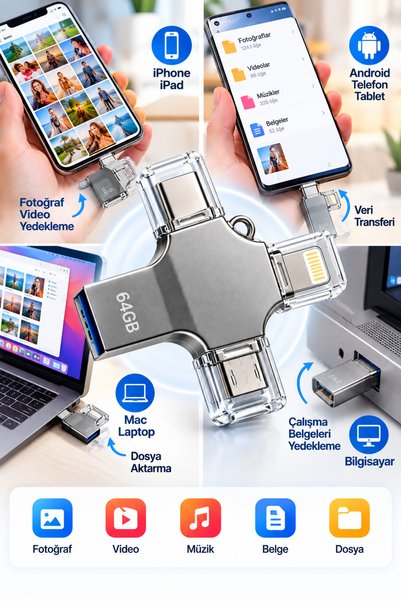 ucuzteknom Kompakt ve Taşınabilir Tasarıma Sahip 64GB Lightning Type C USB MicroUSB Çoklu Kullanımlı Flash