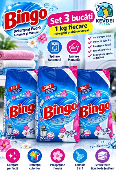 Bingo Σετ 3 τεμαχίων Απορρυπαντικά σε σκόνη Floral Splash 3 σε 1, 1 κιλό/τεμά...