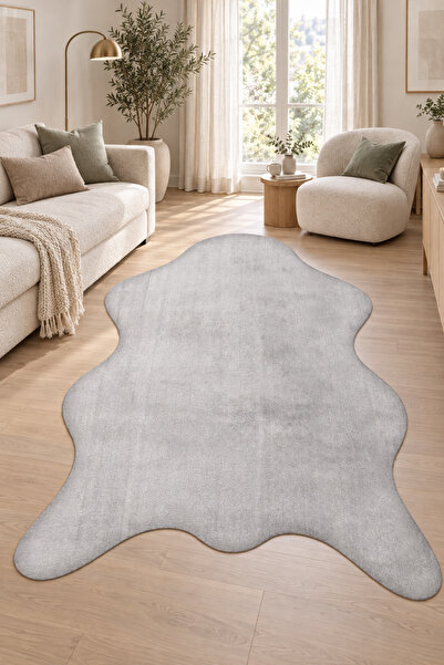 Rokan Peluş Post Şeklinde Gri Halı Salon Oturma Odası Antre Yumuşak Kaymaz Taban Yıkanabilir Modern Polyester Halı