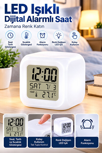 Clevora LED Aydınlatmalı Küp Saat Dijital Alarm Tarih ve Sıcaklık Göstergeli