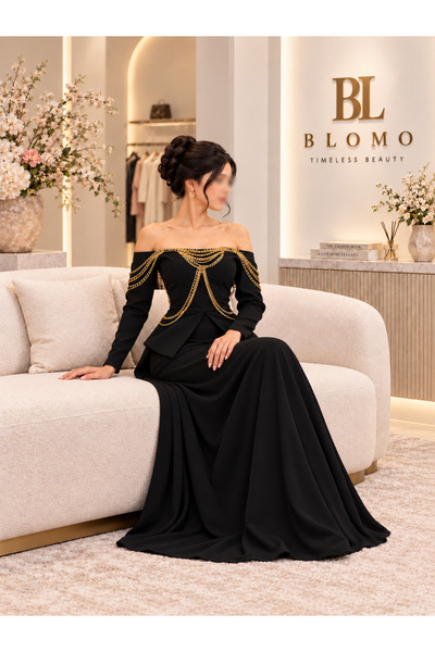 BLOMO فستان سهرة أسود بسلاسل ذهبية