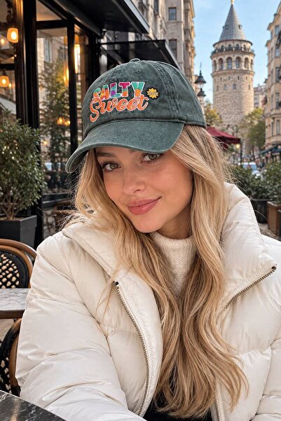 HAZAL KAYA ATELIER Green Embroidered Washable Vintage Cap Women's Hat
