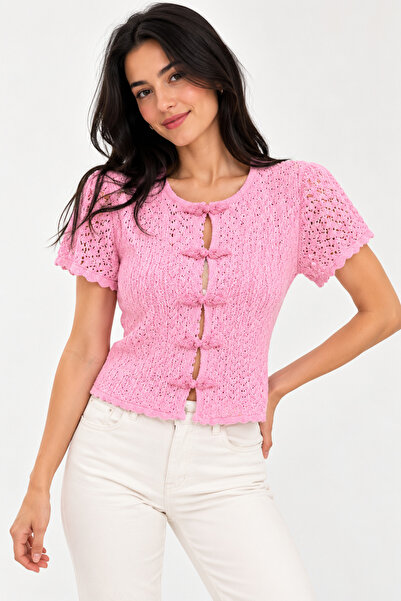 Bisou Women's Pink Japanese Knot Buttoned Openwork Knitwear Blouse Short Slee...