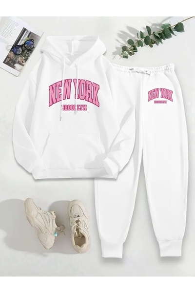 Vordevia Set de trening pentru femei, cu imprimeu New York, cu glugă, cu tiv ...