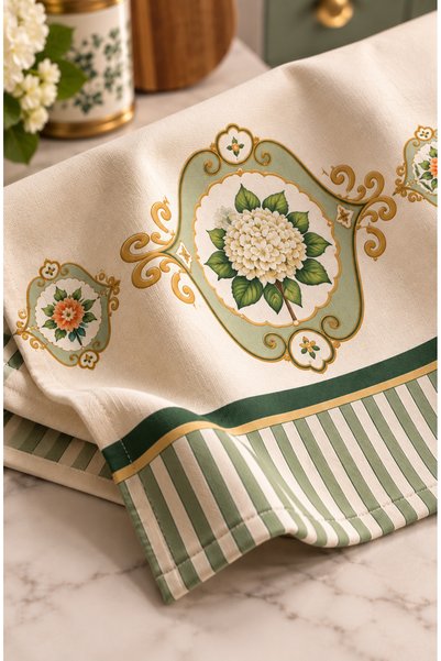 Nari Collections Green Striped Hydrangea Flower Patterned Oven Cover – 35X50 Cm, Digital Printed Suede Fabric