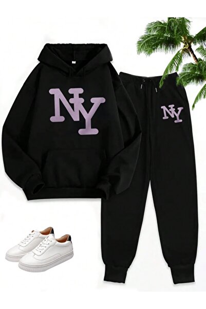 Vordevia Women's 2-Piece New York Printed Top Hooded Bottom Elastic 3 Thread ...