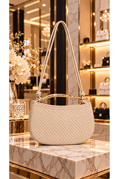 HAZAL KAYA ATELIER Beige Faux Leather Geometric Pattern Strap Women's Bag 23X...