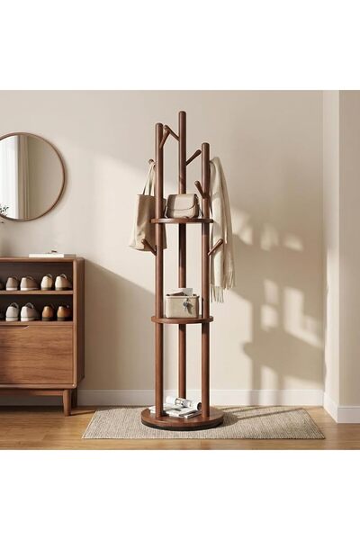 AOHRYME Rotary Coat Rack with 3 Storage Shelves & 9 Hooks, Solid Wood Standin...