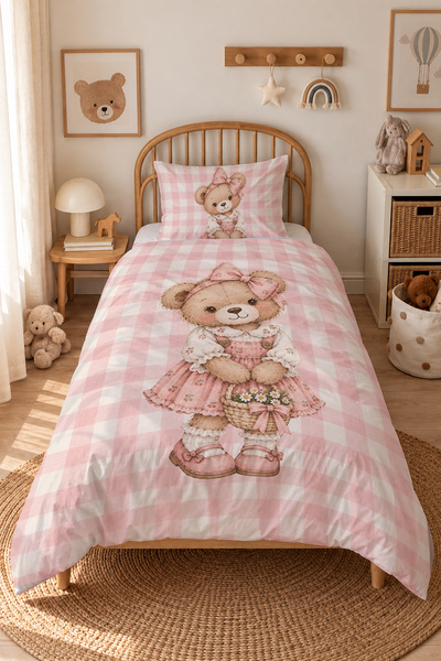 Pembe Ekose Teddy Ayıcık Çocuk Nevresim Takımı