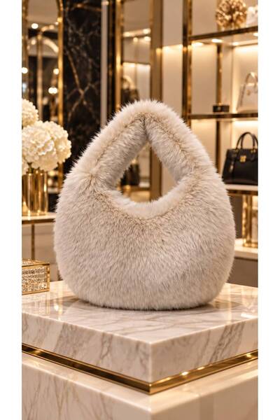 HAZAL KAYA ATELIER Beige Soft Textured Plush Women's Bag 28X35 cm