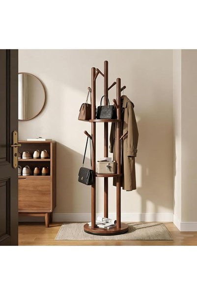 AOHRYME Rotary Coat Rack with 3 Storage Shelves & 9 Hooks, Solid Wood Standing Coat Tree for Entryway, Bedro