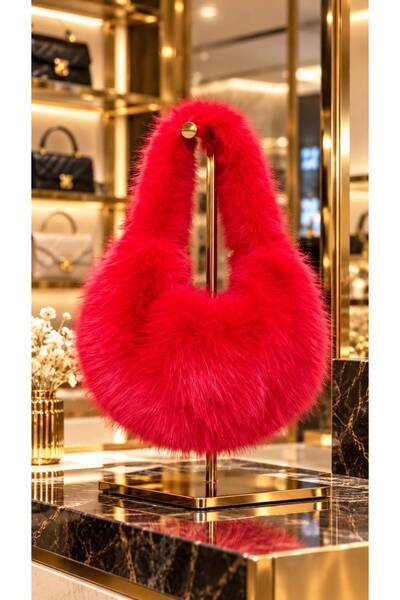 HAZAL KAYA ATELIER Red Soft Textured Plush Women's Bag 28X35 cm