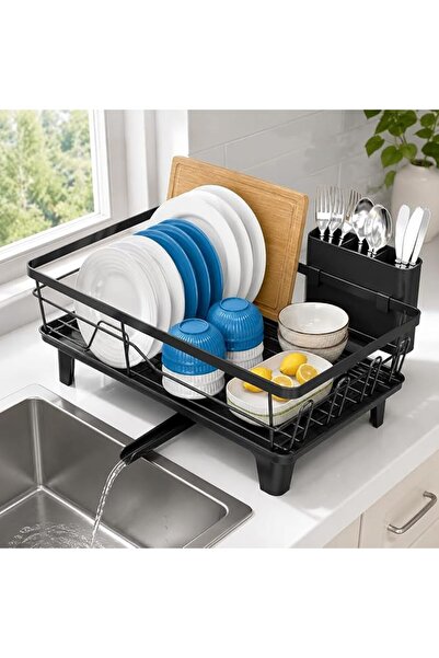 GENERAL Dish Drying Rack for Kitchen Counter, Black Dish Drainer with Drainbo...