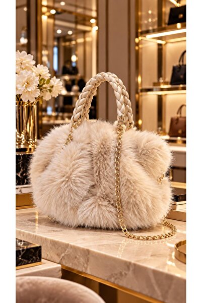 HAZAL KAYA ATELIER Beige Soft Textured Plush Chain Strap Women's Bag 21X28 cm