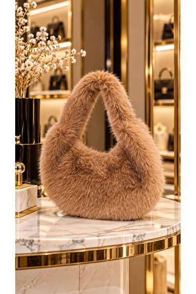 HAZAL KAYA ATELIER Camel Soft Textured Plush Women's Bag 28X35 cm