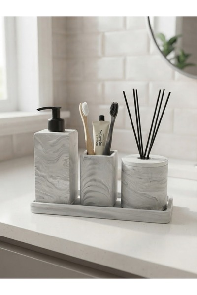 4’lü kare koluluklu siyah mermer desenli banyo seti