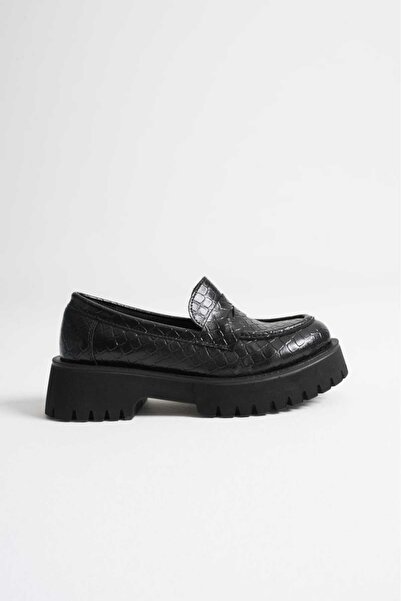 She Women's Black Crocodile Pattern Thick-Sole Oxford Loafer Shoes