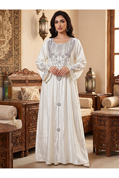 Finelook Women’s Off-White Satin Embroidered Maxi Kaftan Heavy Dress – Elegan...