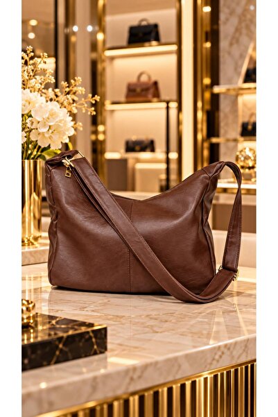 HAZAL KAYA ATELIER Brown Faux Leather Strap Women's Bag 22X32 cm