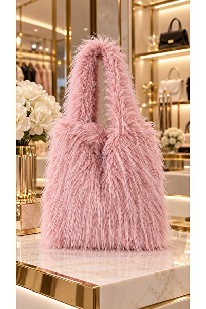 HAZAL KAYA ATELIER Pink Tasseled Plush Women's Bag 33X45 cm