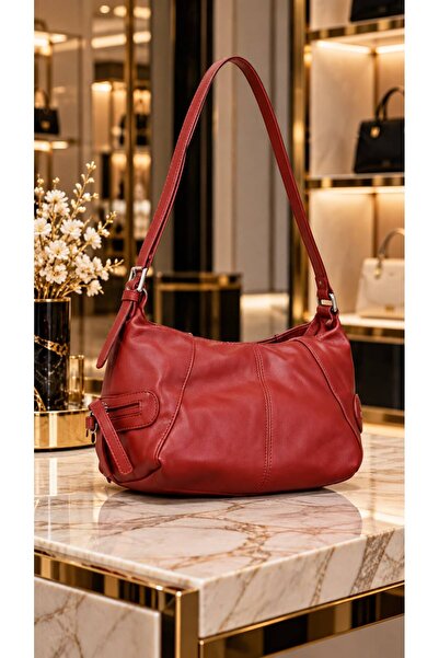 HAZAL KAYA ATELIER Red Faux Leather Adjustable Strap Women's Bag 11X22 cm