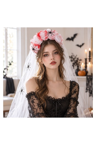 OEM Coronita Par de Halloween cu Trandafiri Insangerati & Tul Alb cu Păianjen...