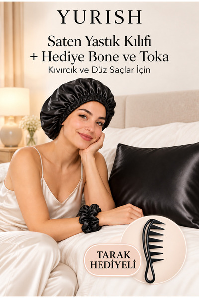 YURISH Saten Yastık Kılıfı + Hediye Çift Yön Kullanımlı Bone ve Toka Kıvırcık...