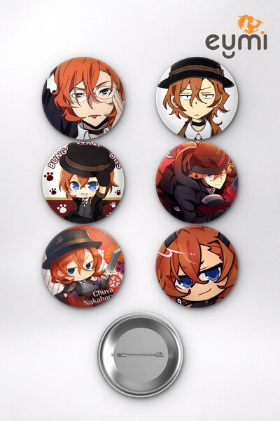Bungou Stray Dogs Chuuya Nakahara Port Mafia Temalı Çanta Süsü Rozet İğneli Buton Rozet Seti (6 ADET) (58 mm)