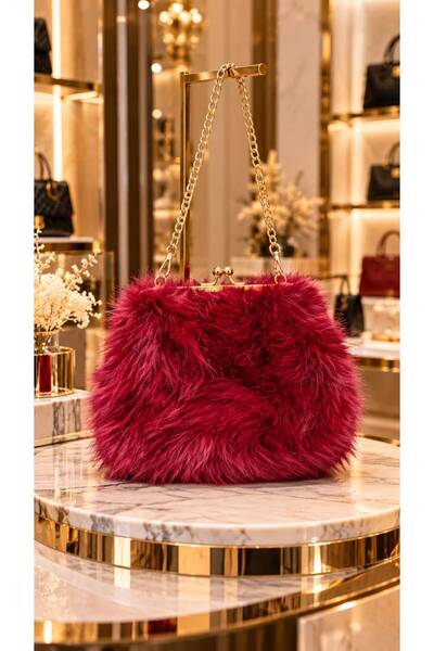 HAZAL KAYA ATELIER Burgundy Soft Textured Plush Chain Strap Women's Bag 17X25 cm