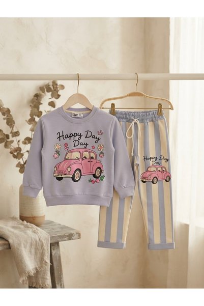 WİKİBOOM Car Printed Flower Patterned 2-Thread Seasonal Top and Bottom Girls' Set with Striped Pants