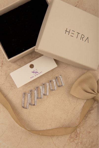 Hetra Silver Color Zircon Stone Rectangular Shaped 6-Piece Hoop Earring Set