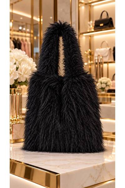 HAZAL KAYA ATELIER Black Tasseled Plush Women's Bag 33X45 cm