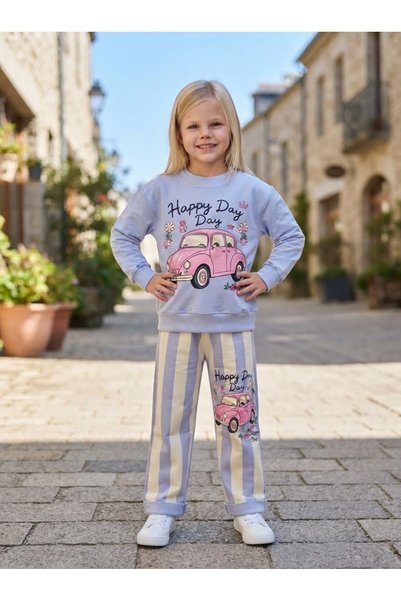 WİKİBOOM Car Printed Flower Patterned 2-Thread Seasonal Top and Bottom Girls' Set with Striped Pants