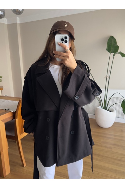 Oversize Dökümlü Bağcıklı Trençkot