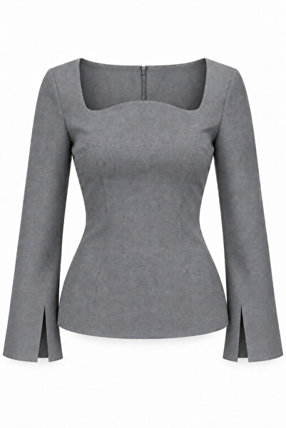 HAZELANNA Oval Yakalı Gri Bluz
