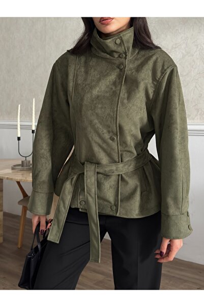 VESS MODA Wide Fit Gathered Back Belted Sukuba Suede Jacket