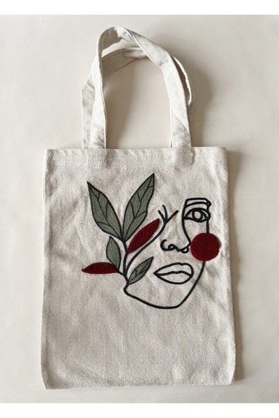 MOJOMIX Handmade Grey Color Women's Face Punch Embroidery Linen Multi-Purpose School / Beach / Travel Shoulder Bag 36*43 cm
