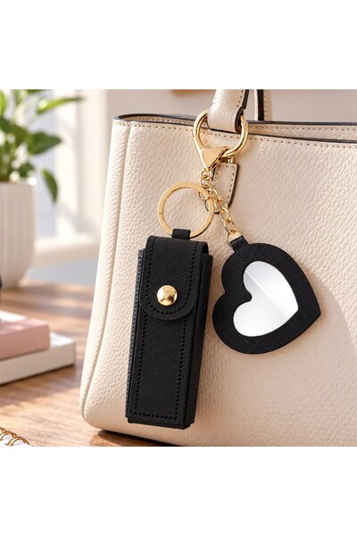 DD SHOP Breloc Charm Negru cu Suport pentru Ruj & Oglinda Inima 16cm