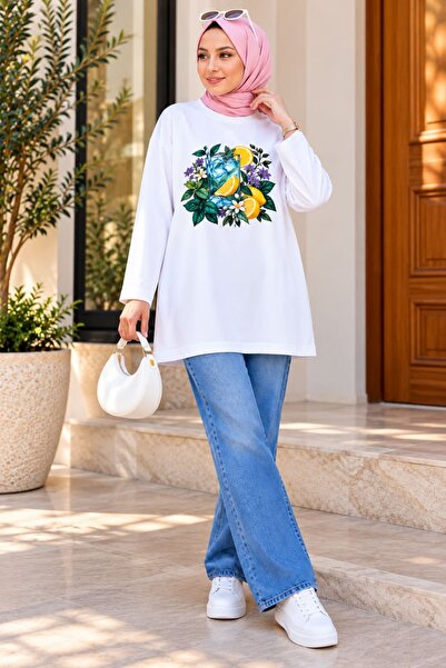 PEKA Women's Hijab Sweatshirt Lemon Patterned Floral Printed Long Sleeve Loos...